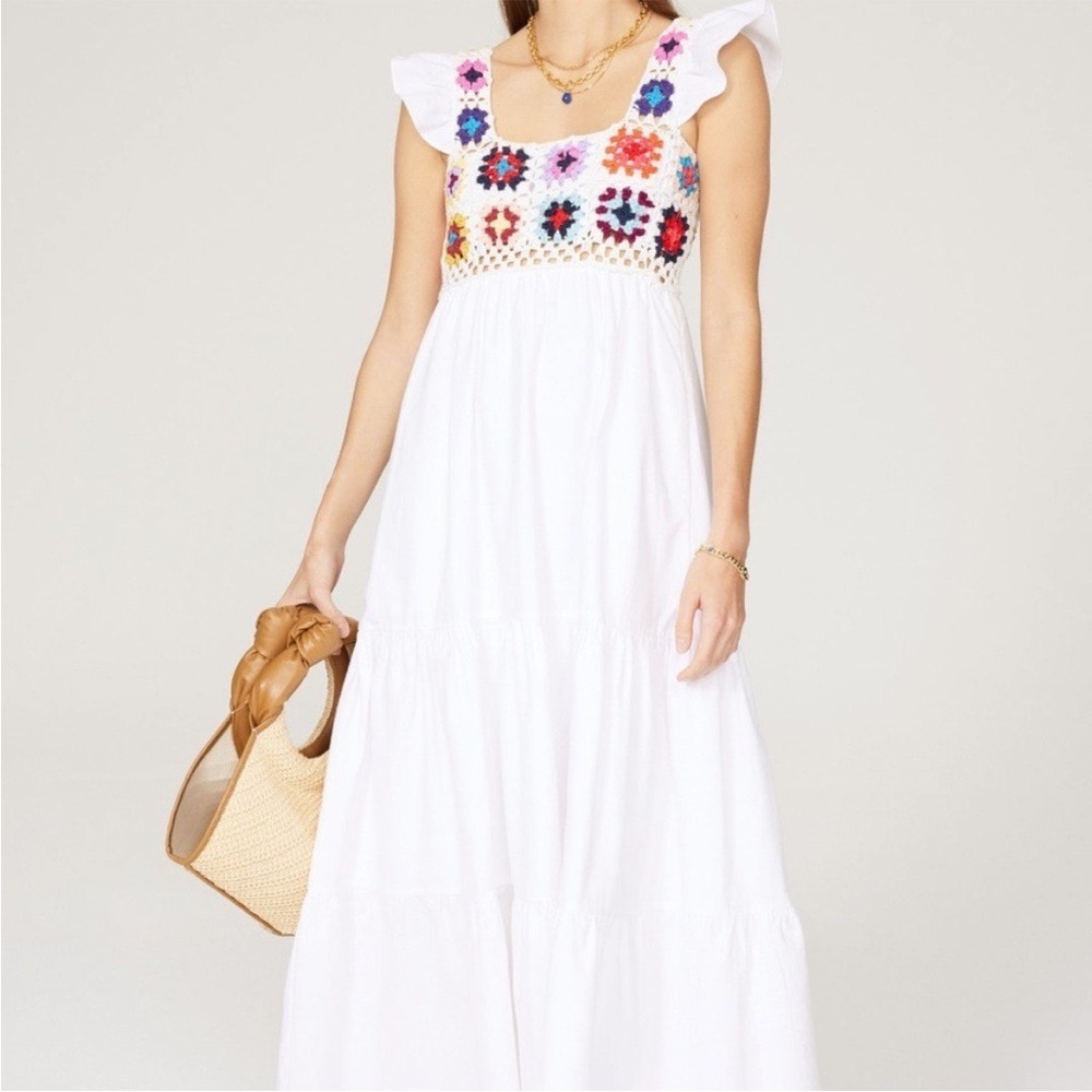 Slate & Willow White Floral Crochet Granny Square Tiered Maxi‎ Dress XS Boho